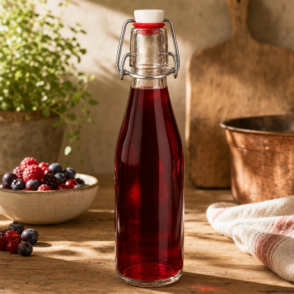 Bottiglia in vetro da 250 ml + tappo oscillante in porcellana UNiTWIST - Acquista qui! 250ml Glasflasche mit Bügelverschluss gefüllt mit rotem Beerensaft, dekoriert mit frischen Beeren in rustikaler Küche