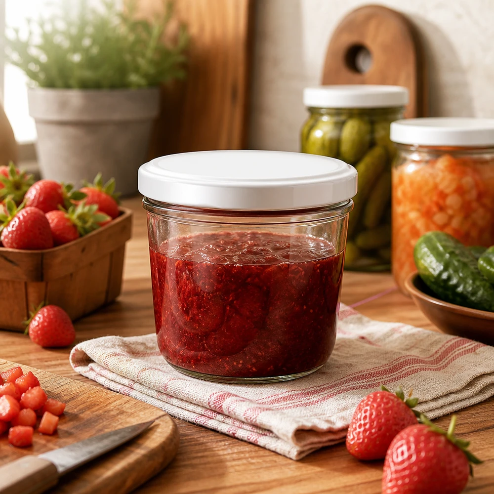 Barattolo mason da 230 ml con marmellata di fragole in una cucina accogliente - barattolo ideale per la conservazione di marmellate fatte in casa