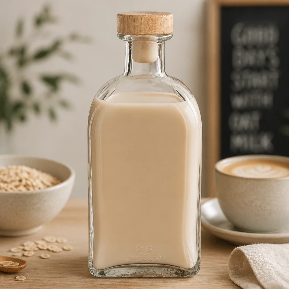 Bottiglia di vetro Julia da 500 ml con tappo di legno riempita di latte d'avena in cucina, accanto a tazza da caffè e fiocchi d'avena