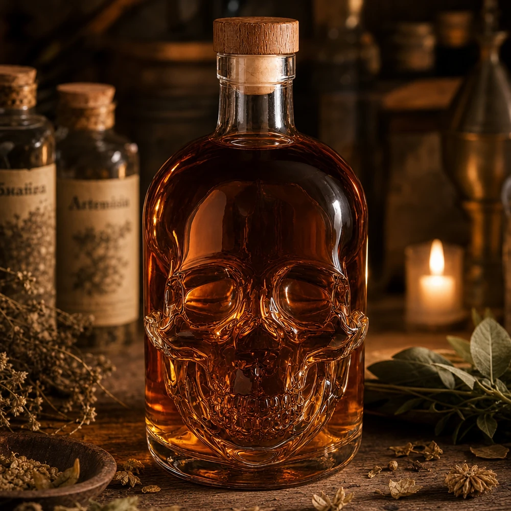 Totenkopf-Glasflasche Jack 500ml mit bernsteinfarbener Flüssigkeit in rustikaler Apotheken-Atmosphäre mit Kerze und Kräu