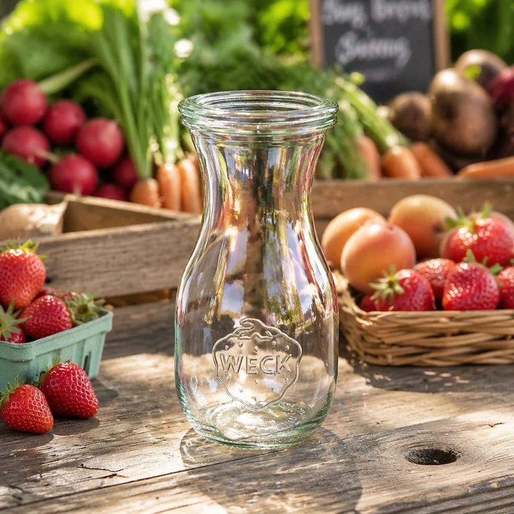 Bouteille à jus de 290 ml avec couvercle en verre WECK RR60 WECK Saftflasche 290ml RR60 transparent auf rustikalem Holztisch zwischen frischen Erdbeeren Radieschen und Gemüse