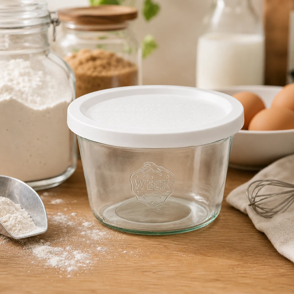 Bocal en verre de 370 ml avec couvercle hermétique WECK RR100 WECK Sturzglas 370ml RR100 mit Frischedeckel in Backküche zwischen Mehl Eiern Milch und Küchenutensilien