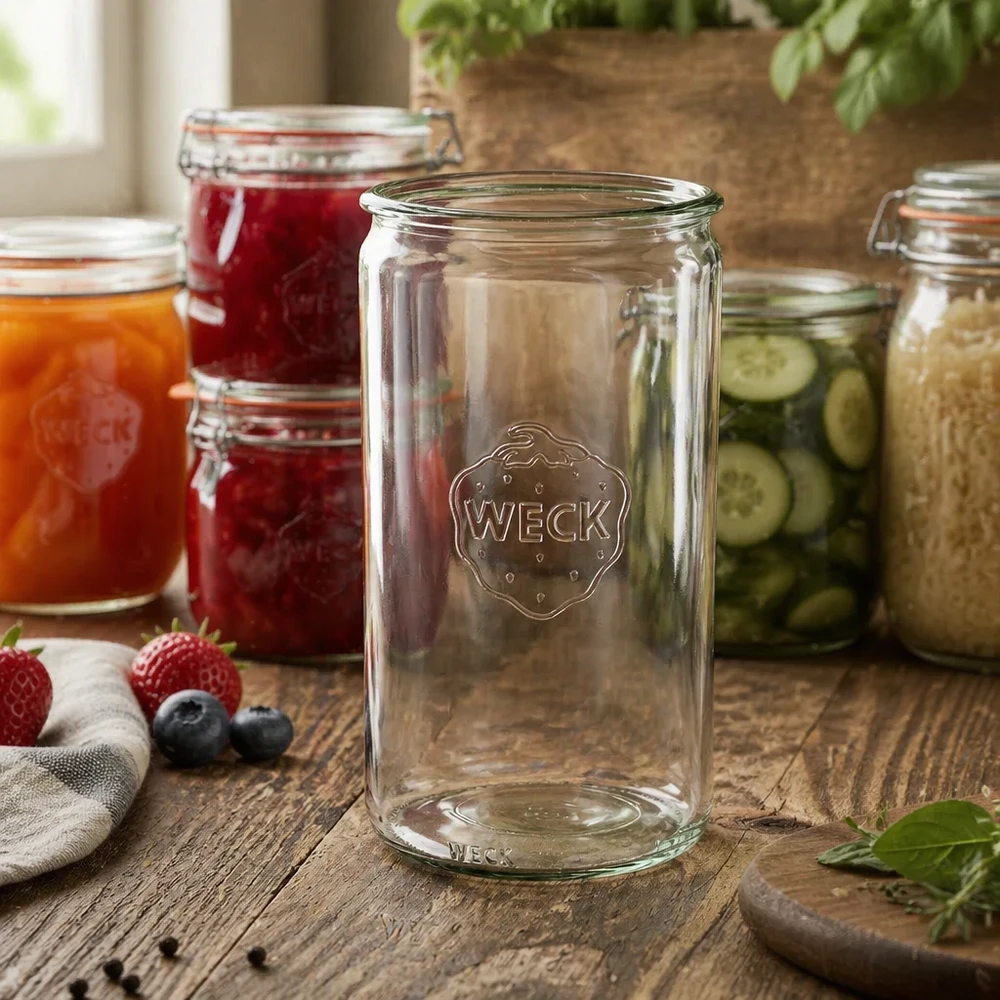 Vaso cilindrico WECK RR100 1590ml trasparente su tavolo di legno con barattoli di marmellata e conserve sullo sfondo