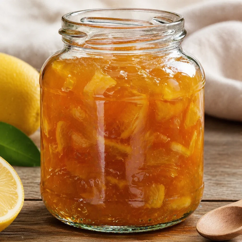 UNiTWIST Oval370 Marmeladenglas 370ml mit Orangenmarmelade gefüllt neben Zitrone auf Holzuntergrund