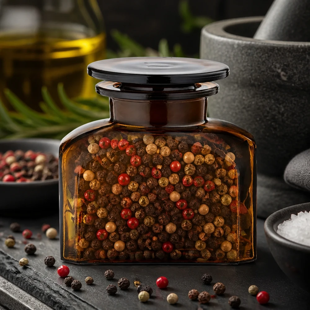 Barattolo compatto per spezie in vetro ambrato da 150 ml a collo largo, ideale per miscele di pepe e spezie