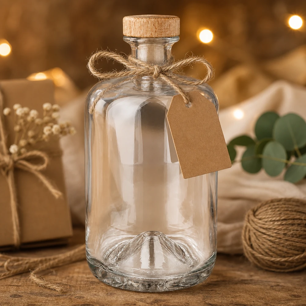 Flacone farmaceutico da 700 ml Sofia con tappo in sughero con impugnatura in legno UNiTWIST® Bottiglia in vetro Sofia da 700 ml con tappo in sughero e targhetta regalo in decorazione rustica con iuta e luci fiabesche