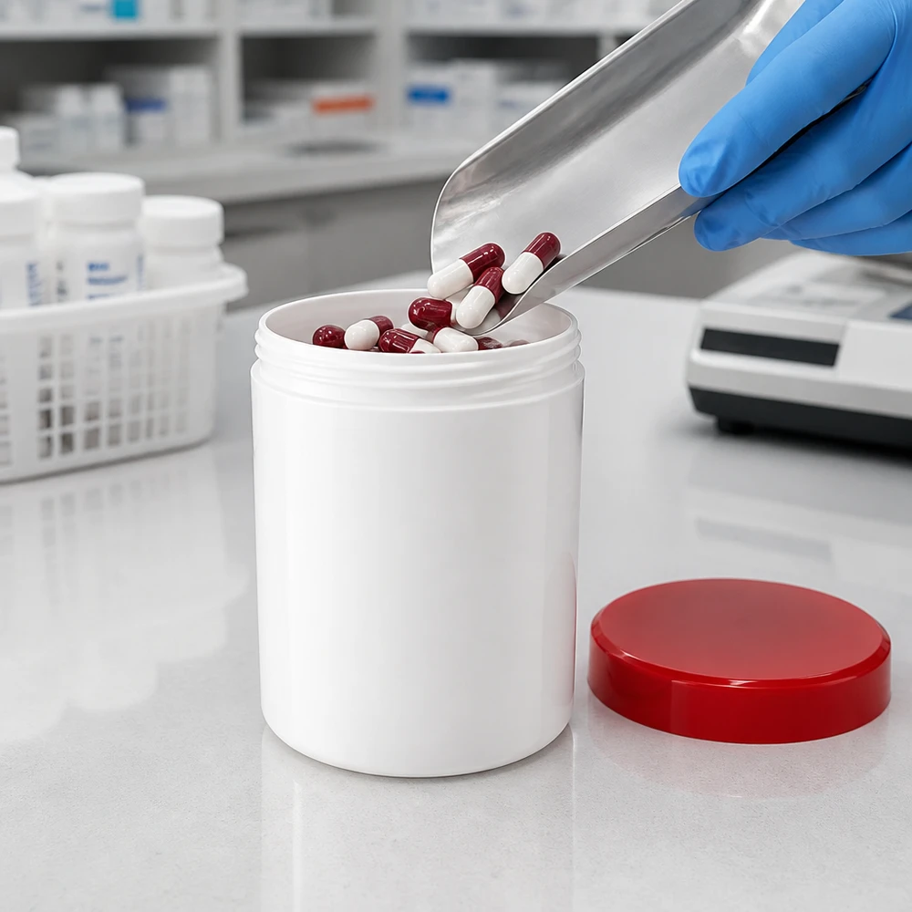 Pot de conservation pour pommades, 100 g, en PP blanc avec couvercle rouge, destiné aux pharmacies et aux laboratoires