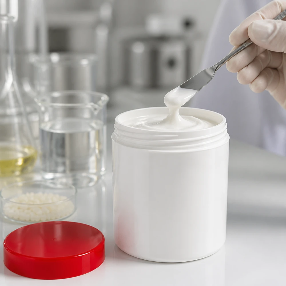 Pot à onguent blanc 300 g avec couvercle rouge (PP) Récipient à col large de 300 g, blanc, en PP, avec couvercle à vis rouge, destiné aux préparations pharmaceutiques