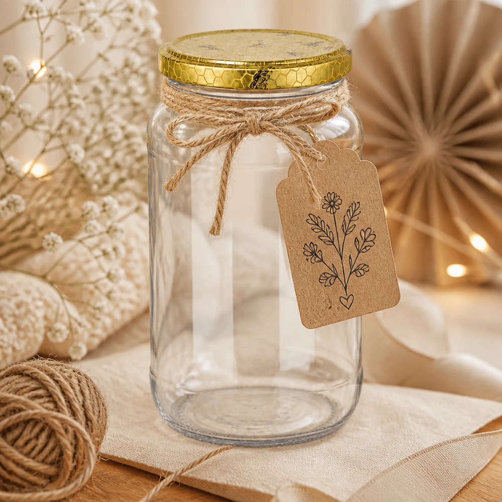1062ml Rundglas + BasicSeal Deckel Bienenwabe UNiTWIST 1062ml Rundglas leer mit goldenem Bienenwabe-Deckel und Geschenkanhänger rustikale Dekoration Bastelgarn