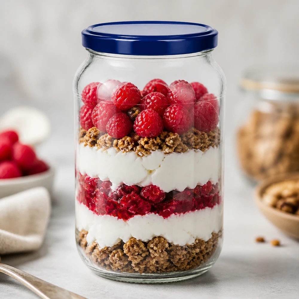 Barattolo rotondo da 1062 ml Coperchio BasicSeal blu UNiTWIST dessert parfait a strati dessert yogurt frutti di bosco dessert granola