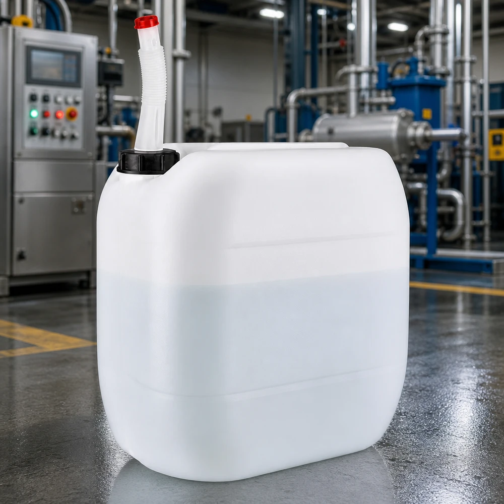 Bidon 30 litres avec tuyau d'écoulement Flex Bidon industriel de 30 litres équipé d'un bec verseur flexible, utilisé devant une ligne de production