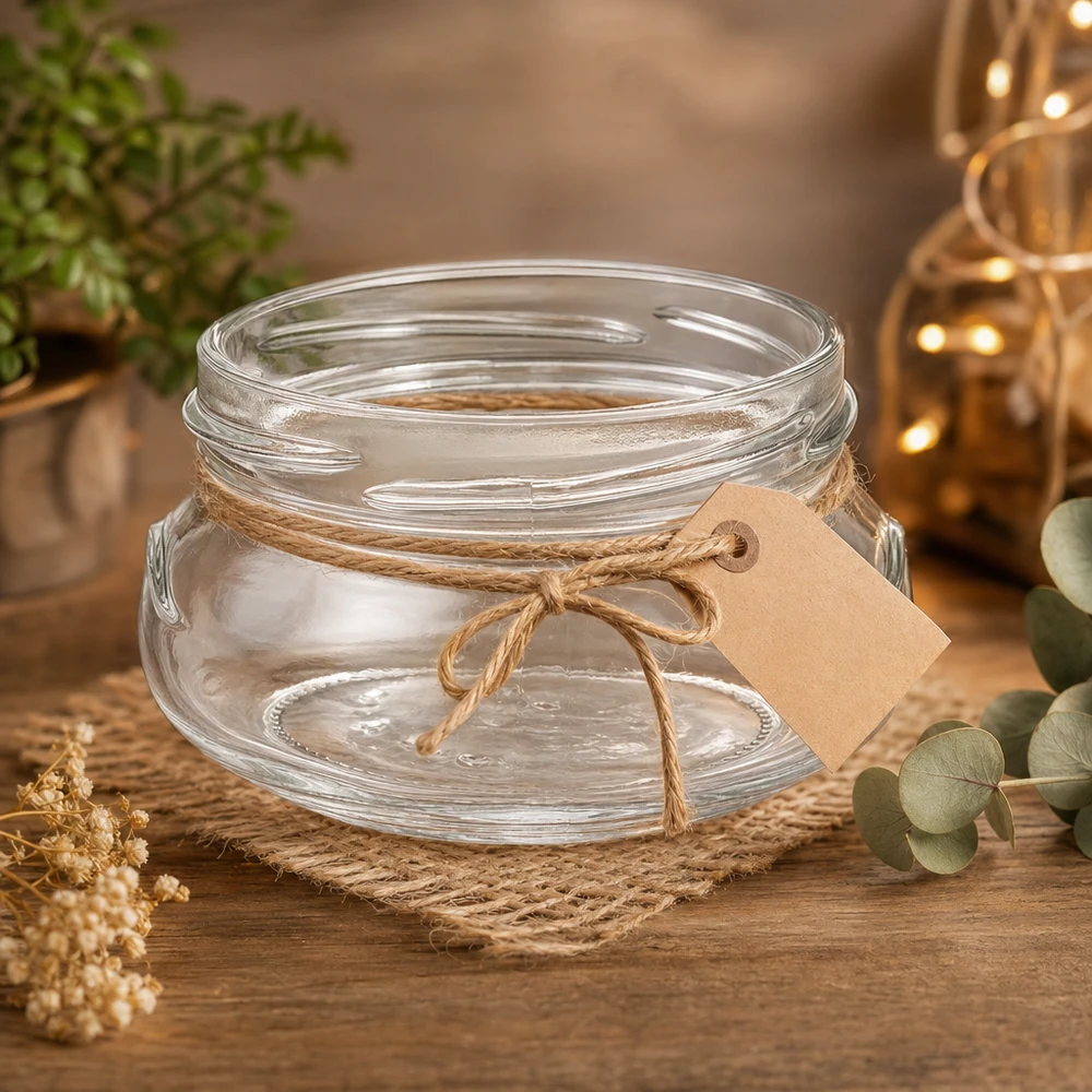 UNiTWIST Terrina120 vaso per conserve 120ml TO70 con cordino di iuta ed etichetta su tavolo in legno decorazione rustica