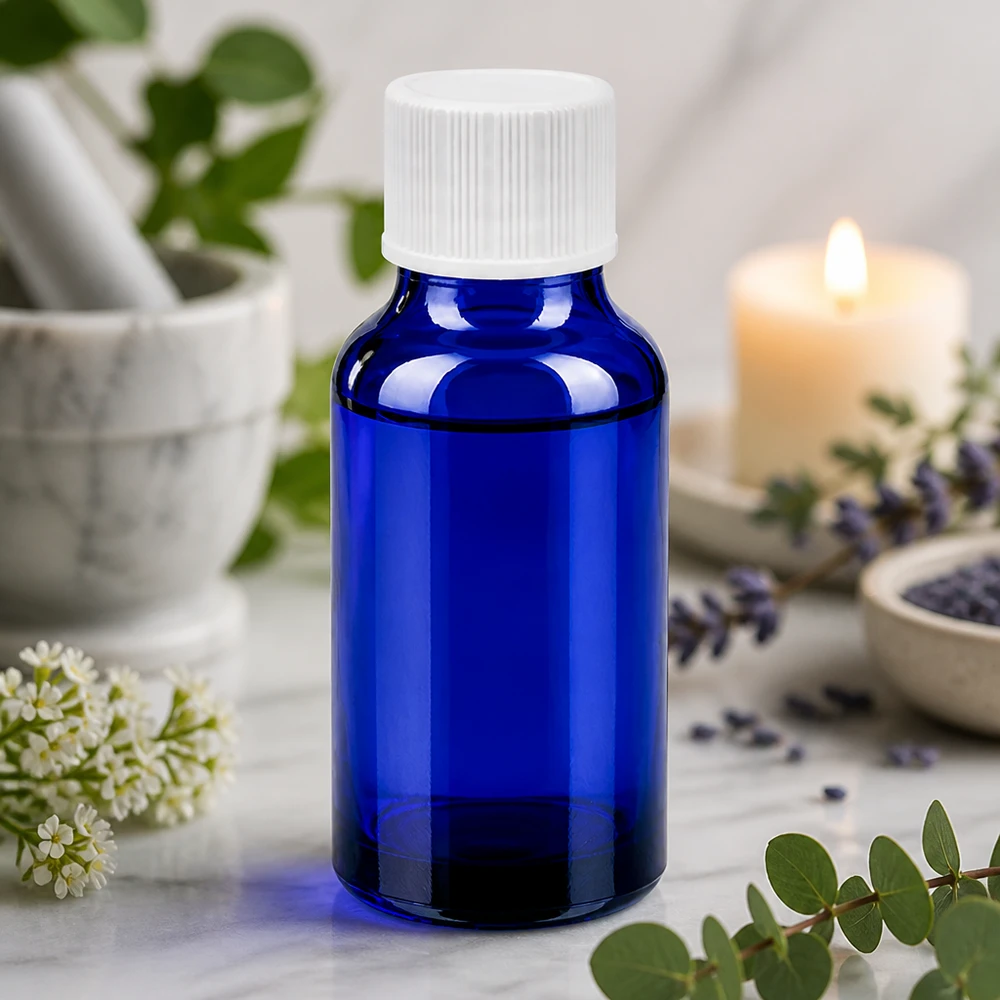 Bottiglia da 20ml 11mm SV bianco STD BlueLine UT18/20 Elegante flacone blu da 20 ml con tappo bianco e finitura liscia per prodotti di cura di alta qualità