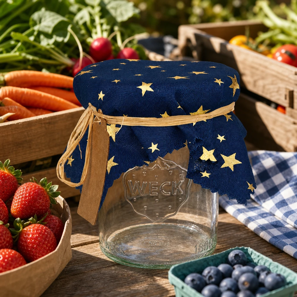 Centrino di stoffa per gioielli blu "stelle" 15cm quadrato Centrino decorativo blu con stelle dorate su un barattolo Weck circondato da frutta e verdura fresca 15 cm quadrati