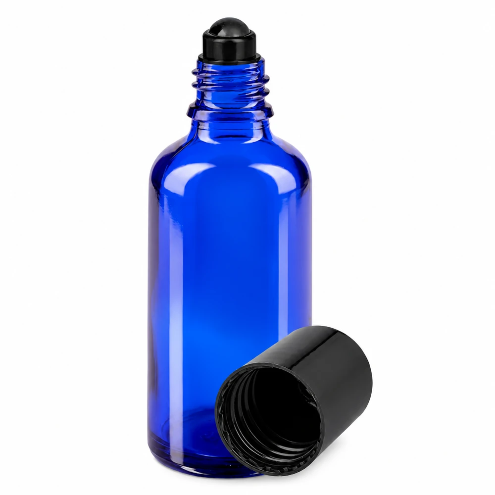 Flacon de déodorant en verre bleu 50 ml, déo à bille vide Flacon roll-on bleu de 50 ml en verre d'apothicaire, muni d'une bille noire et d'un bouchon à vis