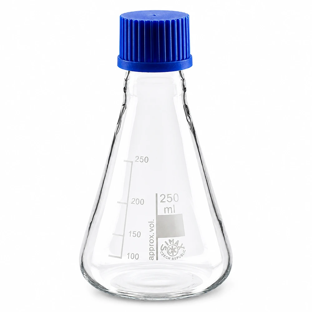 Erlenmeyer 250 ml col étroit, verre borosilicate avec filetage et bouchon Fiole de laboratoire d'une capacité de 250 ml avec échelle de volume et couvercle bleu étanche