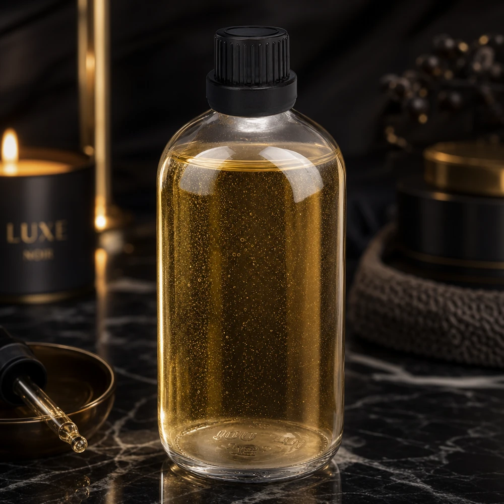 Olio color oro in flacone contagocce da 100 ml in vetro trasparente con tappo nero OV ClearLine UT18