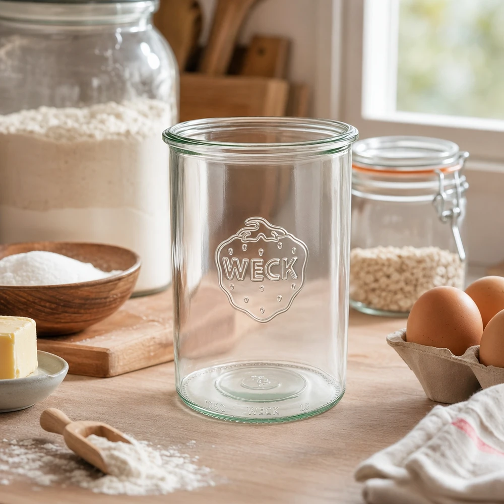 Barattolo di vetro WECK RR100 da 1000 ml Vaso da 1000ml WECK RR100 con logo in cucina rustica con ingredienti da forno e uova