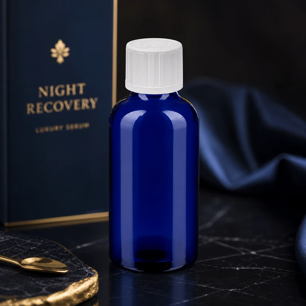 50ml Flasche 11mm Schraubverschluss weiß Standard Kindersicherung BlueLine UT18/50 Medizinische 50ml Glasflasche mit kindersicherem Verschluss für Apotheken und Labore