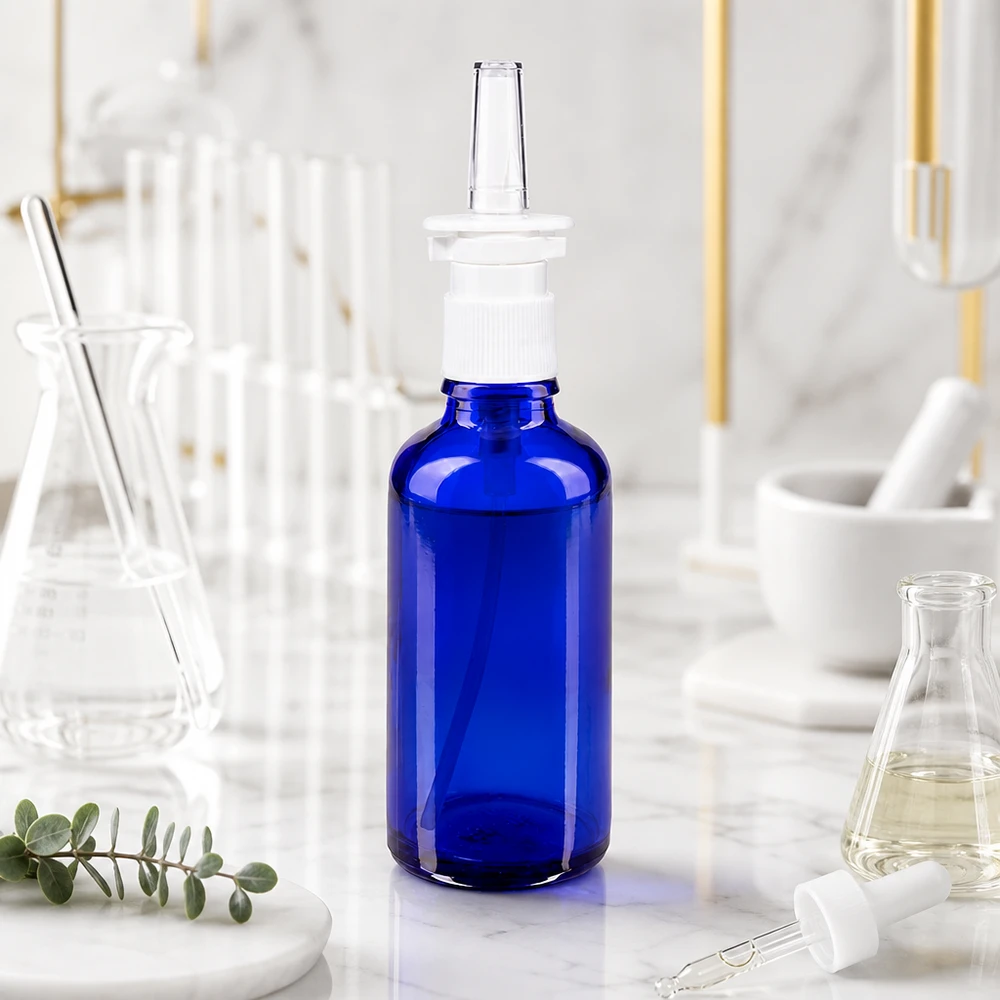 Apothekenflasche blau 50ml Nasenzerstäuber weiß Standard Kleine blaue Medizinflasche 50ml mit Nasenspray-Aufsatz weiß transparent für pharmazeutische Anwendung