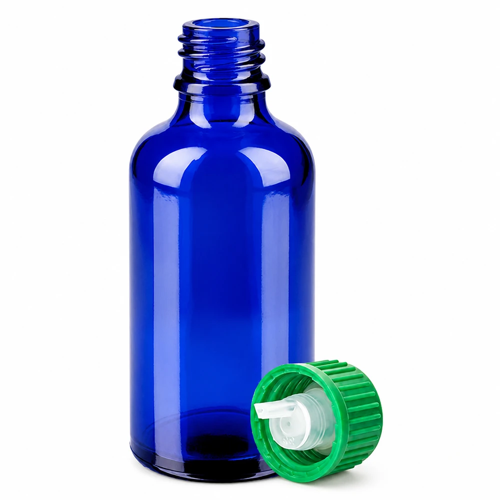 50ml Tropfflasche 0.8mm grün Standardverschluss BlueLine UT18/50 Professionelle 50ml Tropfflasche BlueLine Serie mit UV-Schutz durch blaues Glas