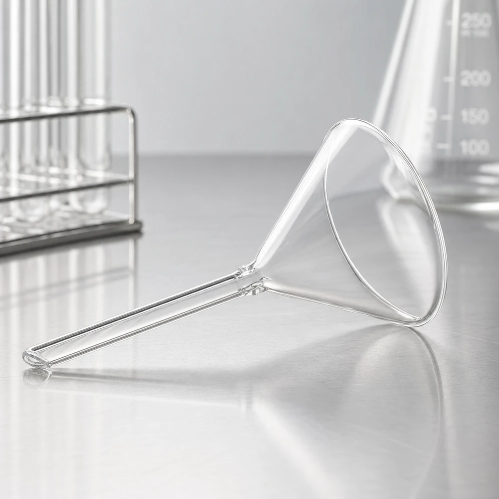 Imbuto in vetro a stelo corto di 70 mm di diametro trasparente in vetro soda-lime per uso di laboratorio