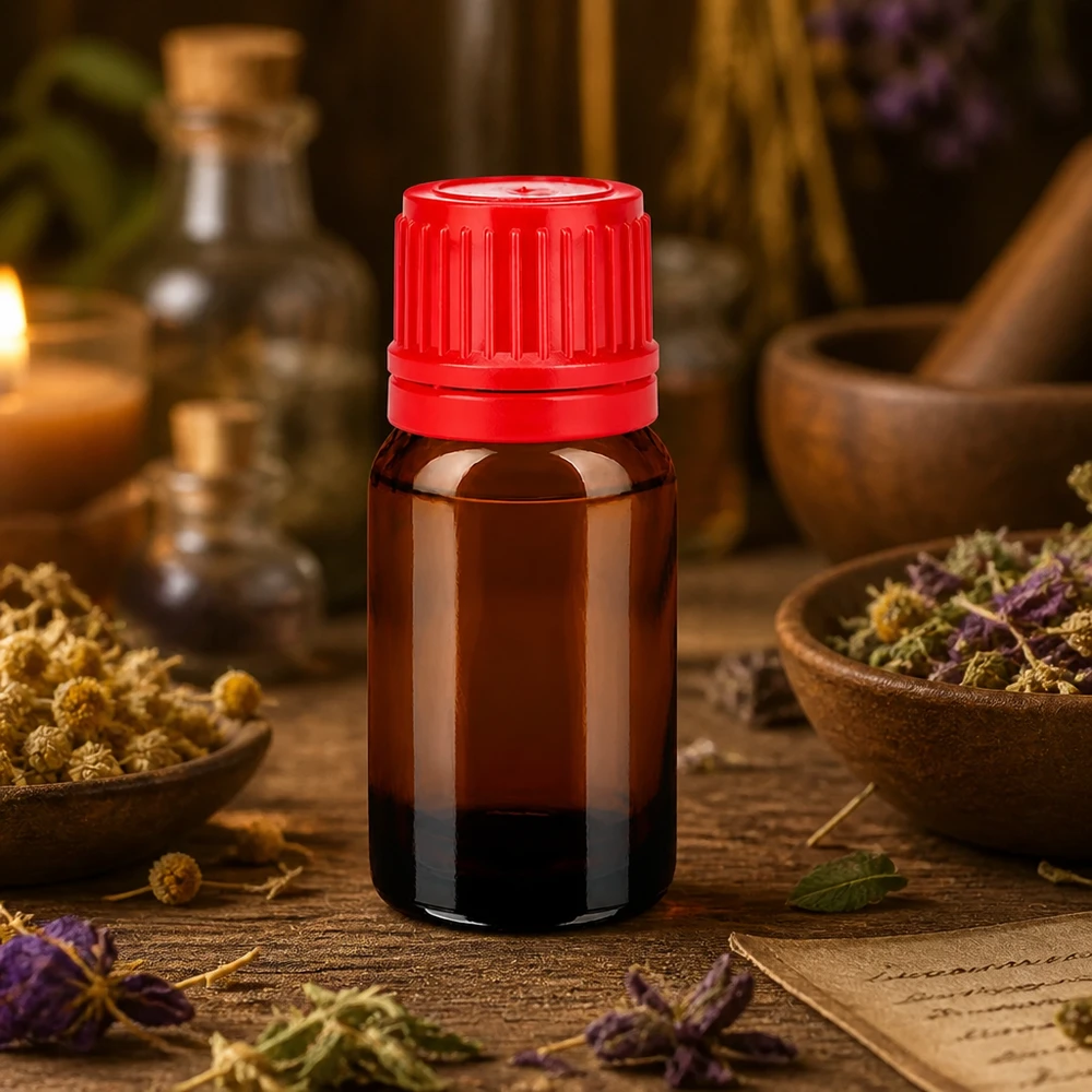 Flacone di alta qualità da 10 ml in vetro marrone con tappo rosso OV per omeopatia e naturopatia