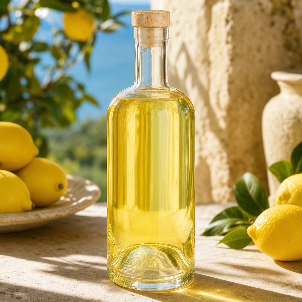 Bottiglia in vetro da 750 ml Emma con tappo in sughero con impugnatura in legno UNiTWIST® Bottiglia in vetro Emma da 750 ml con tappo in legno, riempita con liquido giallastro in una cornice di limone mediterraneo.