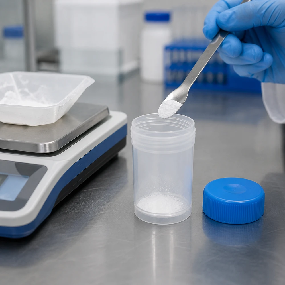 Récipient transparent de 20 ml contenant une poudre blanche et une spatule métallique dans un laboratoire pharmaceutique