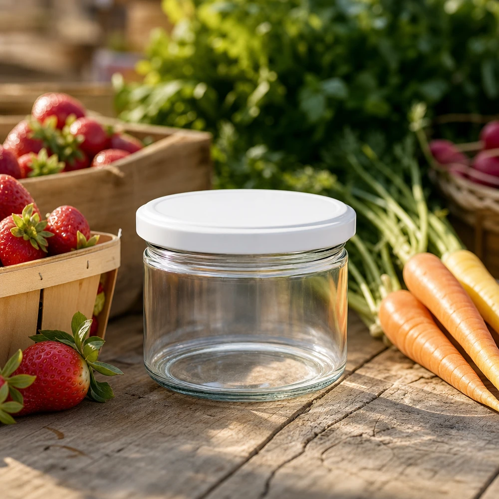 Vaso rotondo BasicSeal bianco da 540 ml su un tavolo di legno con verdure fresche - vaso ideale per la conservazione al mercato e all'aperto