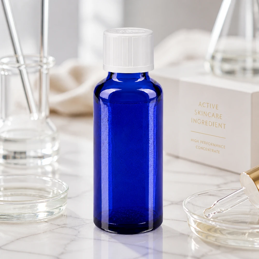 Apothekenflasche blau 30ml Schraubverschluss weiß Kindersicherung Standard Lichtschützende blaue 30ml Glasflasche mit kindersicherem Verschluss für Wirkstoffkonzentrate