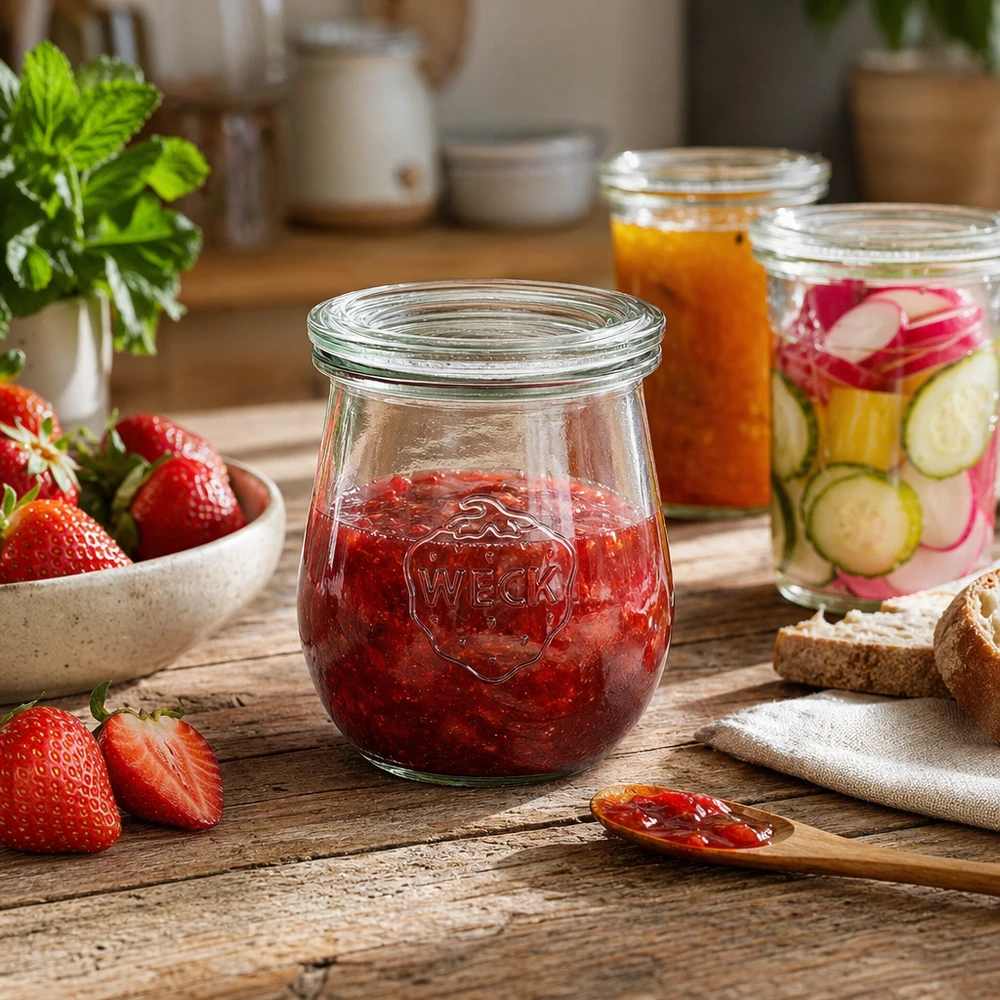 Bocal en forme de tulipe de 220 ml avec couvercle en verre WECK RR60 WECK Tulpenglas 220ml RR60 mit Erdbeermarmelade in rustikaler Küche mit anderen Einmachgläsern und frischen Zutaten