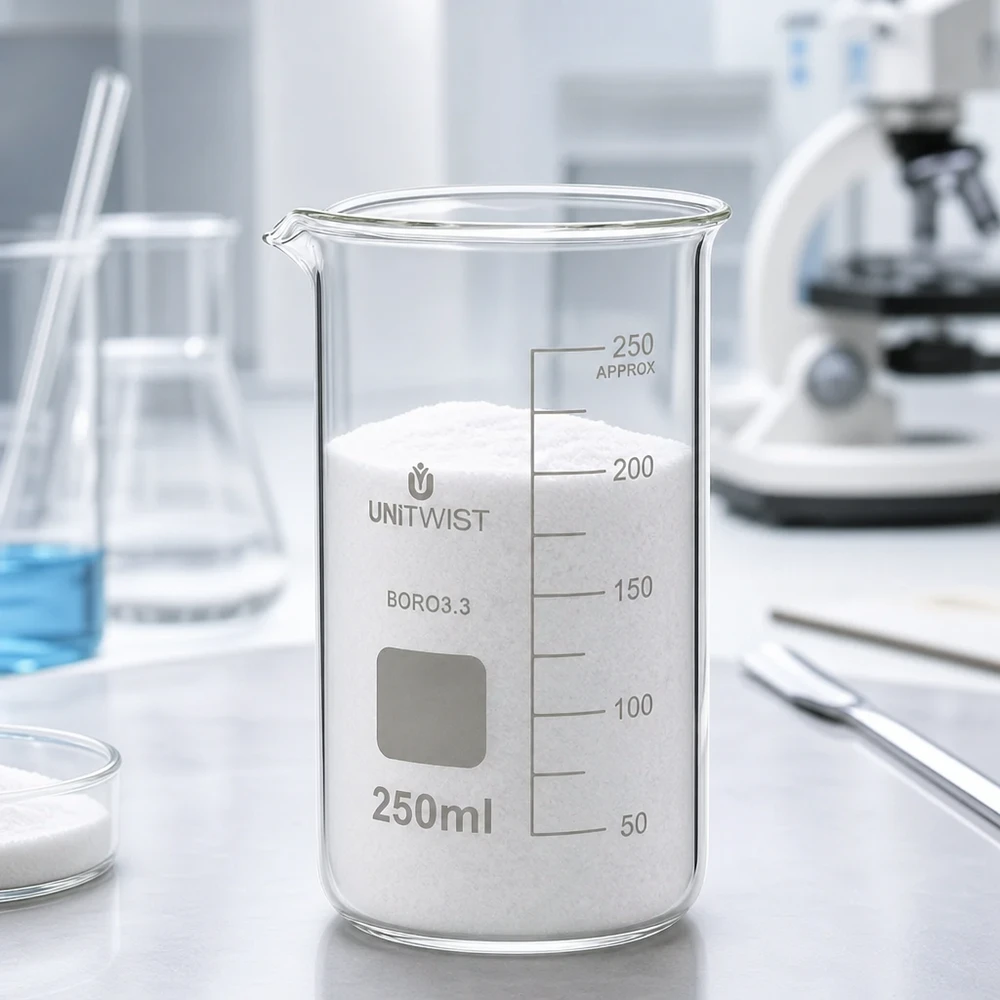Bicchiere 250ml borosilicato, stampo alto UNITWIST Vaso di vetro UNITWIST da 250 ml, modello alto, riempito di polvere bianca su un piano di lavoro da laboratorio