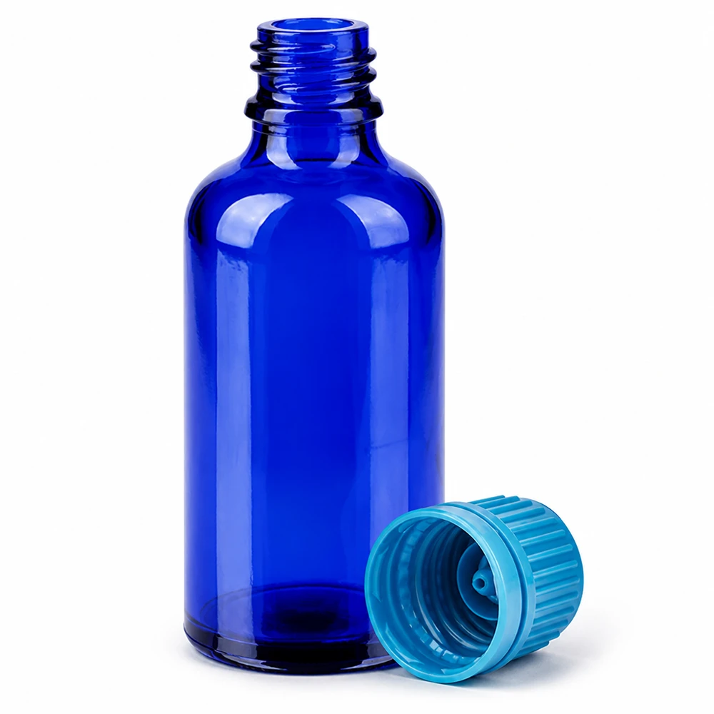 50ml Flasche 11mm Schraubverschluss blau Originalitätsverschluss BlueLine UT18/50 50ml Präzisionsflasche aus blauem Glas mit 11mm Öffnung für exakte Dosierung