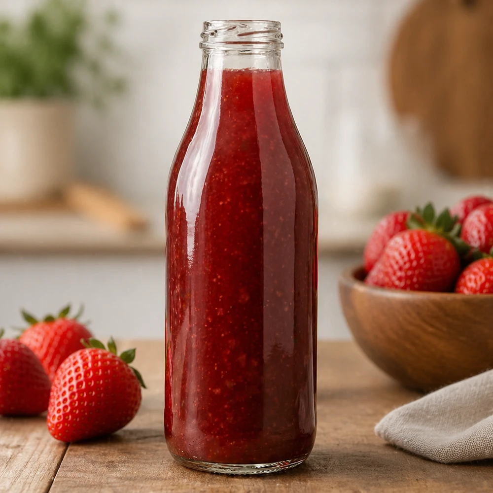 Bottiglia di vetro da 1000 ml TO48 UNiTWIST riempita di succo di fragola in cucina Applicazione esempio bottiglia rossa per smoothie