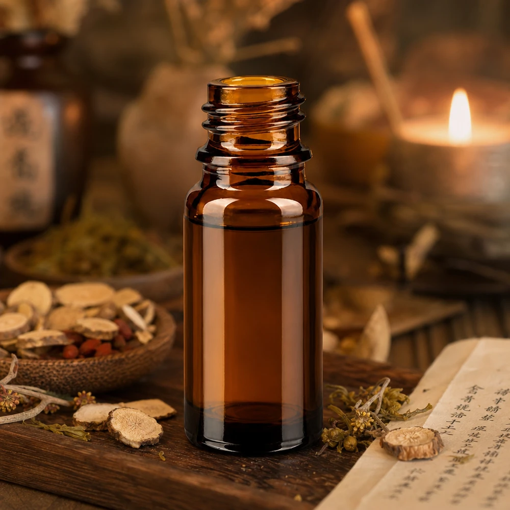 Flacone da farmacia marrone da 10 ml ApoGlas con erbe medicinali asiatiche e lume di candela, in un'atmosfera tradizionale della MTC.