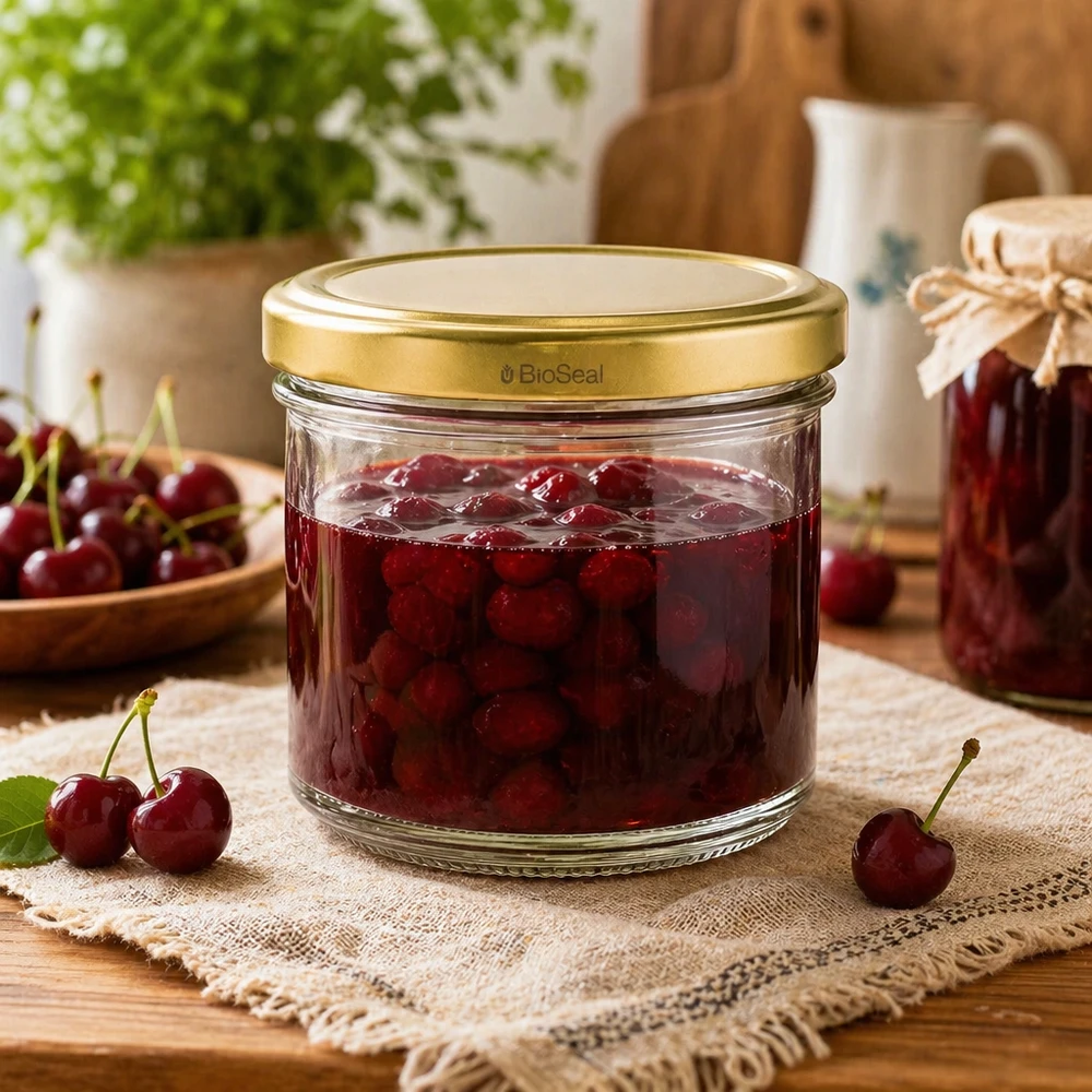 Bicchieri UNiTWIST 125ml con marmellata di ciliegie - coperchio dorato TO66 BioSeal in cucina rustica con ciliegie fresche