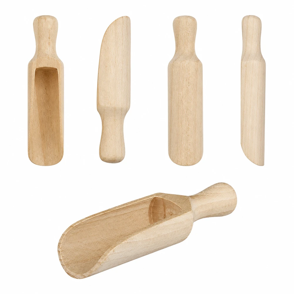 Pala di legno misura M a forma semicircolare lunga 14 cm Set di pale in legno di diverse dimensioni e forme in legno naturale con pala semitonda da 14 cm a confronto