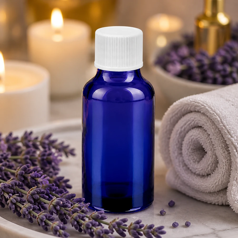 Pratico flacone BlueLine da 20 ml con tappo SV bianco per massaggi e relax