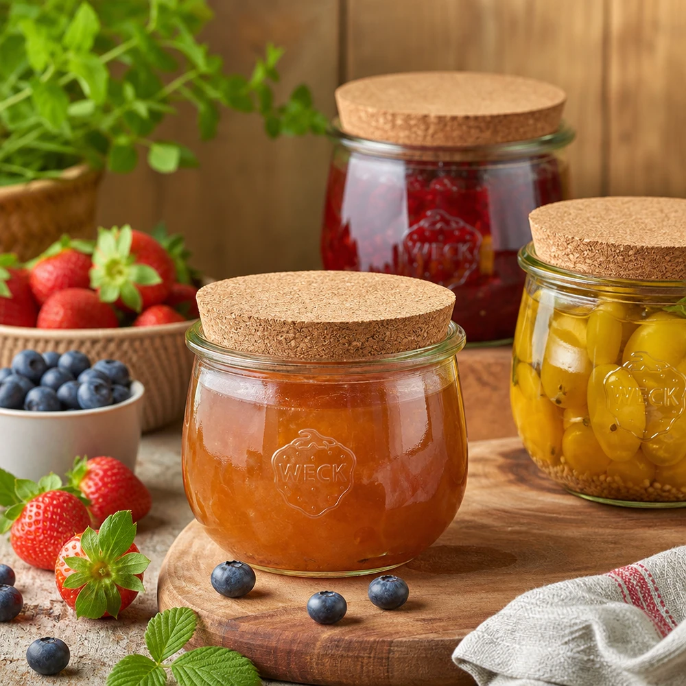 580ml Tulpenglas WECK RR100 mit Korken natur WECK Tulpengläser mit Korkdeckel gefüllt mit Marmelade und eingelegtem Gemüse neben frischen Beeren