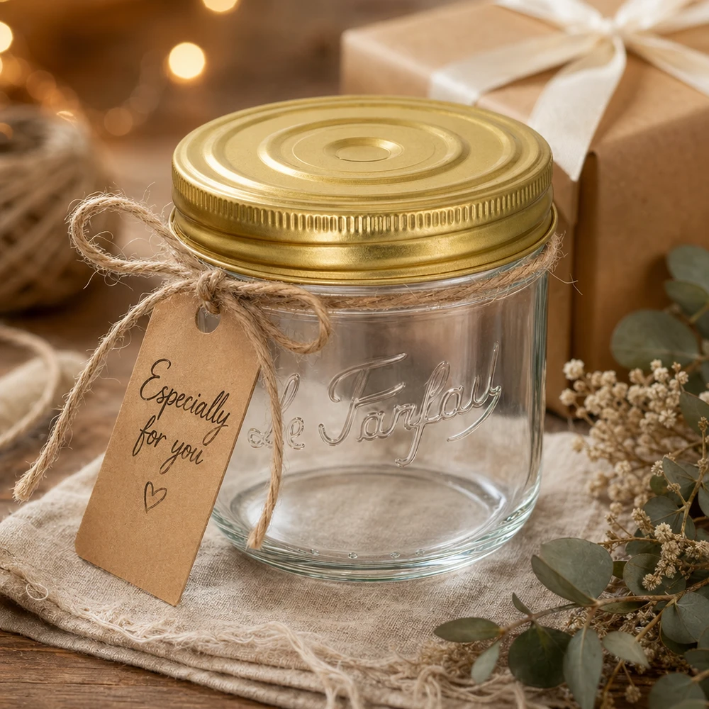 Le Parfait® Familia Wiss 350 g Ø100 mm vaso Bicchieri Familia Wiss da 415 ml con coperchio dorato ed etichetta regalo decorati su un tavolo di legno rustico