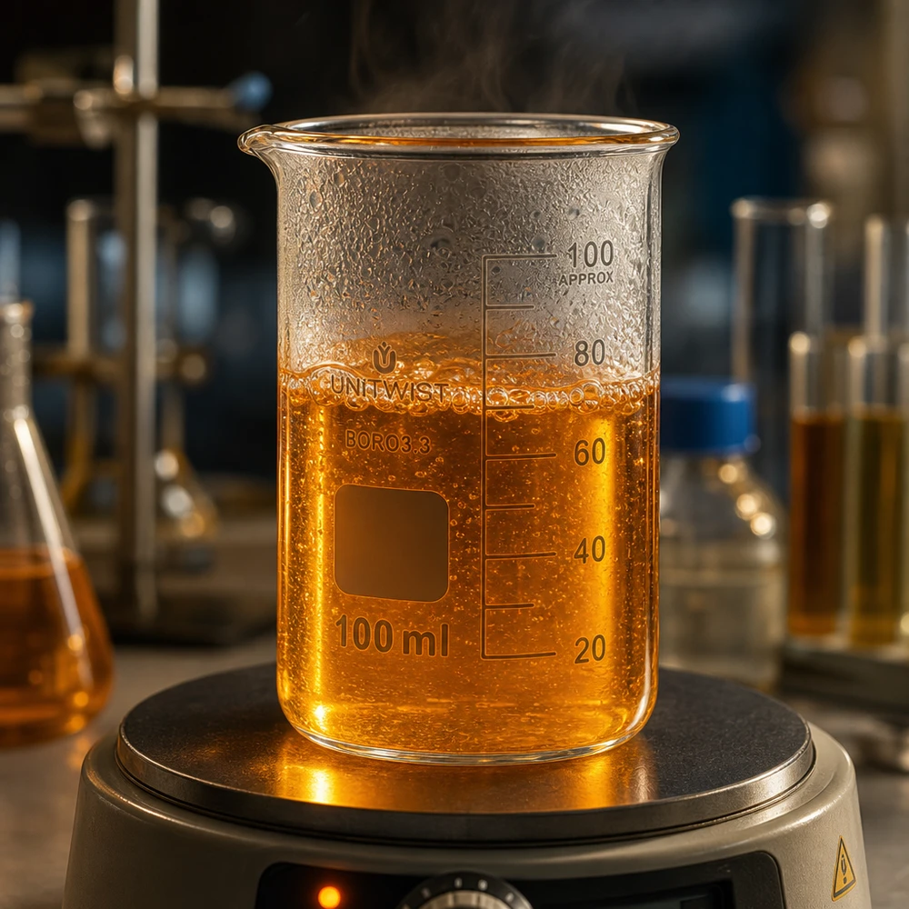 Bicchiere da 100 ml in borosilicato, forma alta UNITWIST Becher da 100 ml, modello alto UNITWIST, contenente un liquido caldo di colore arancione su una piastra riscaldante in laboratorio
