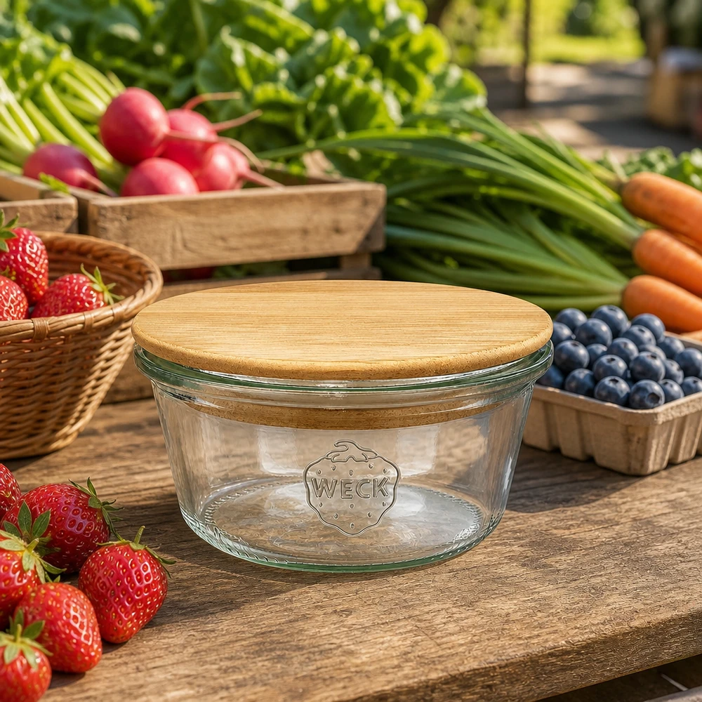 WECK Sturzglas 290ml RR100 mit Bambus-Holzdeckel zwischen frischem Obst und Gemüse auf rustikalem Holztisch arrangiert