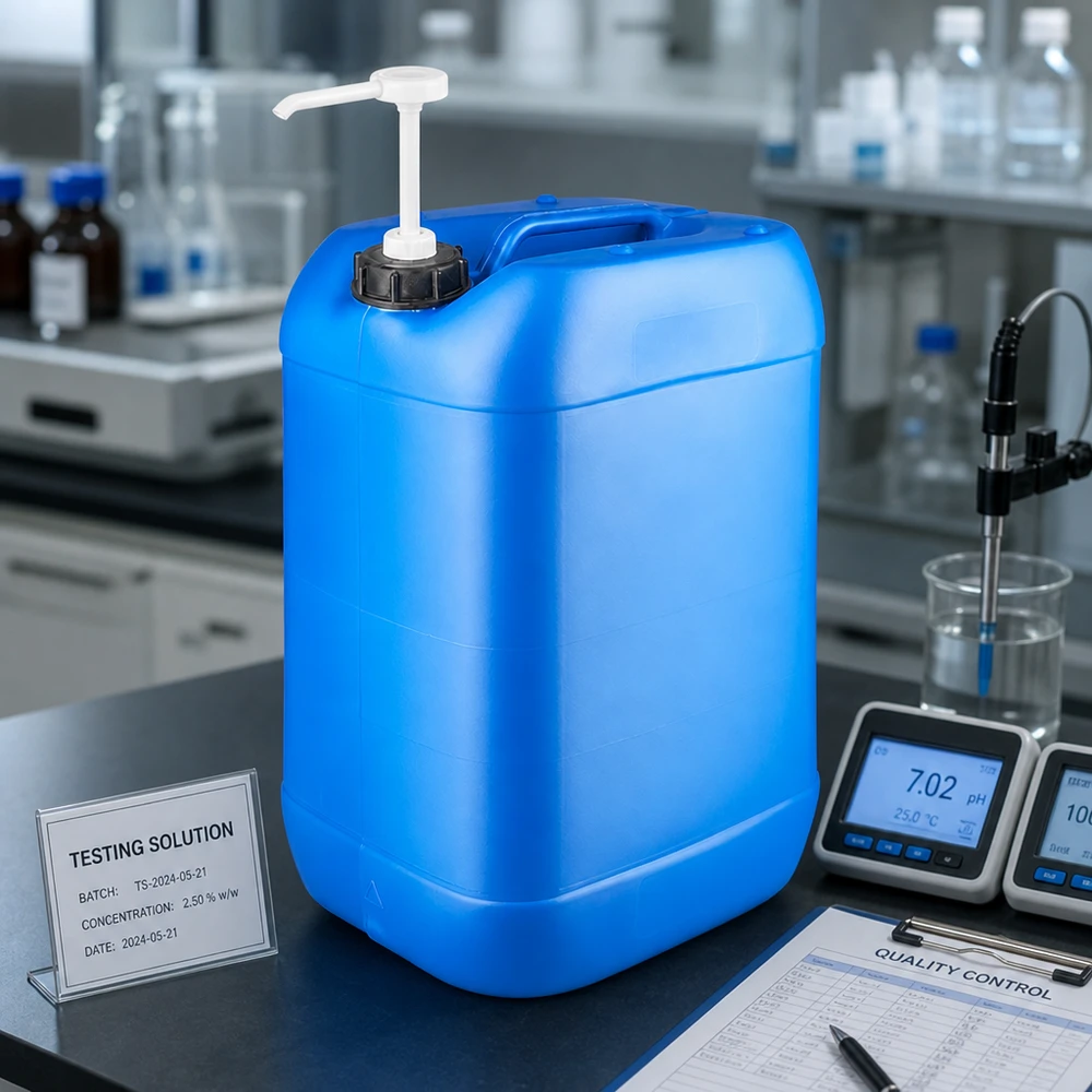 Bidon de 25 litres bleu avec pompe doseuse Un bidon bleu de 25 litres muni d'une pompe doseuse, à côté d'un pH-mètre, posé sur un plan de travail de laboratoire noir