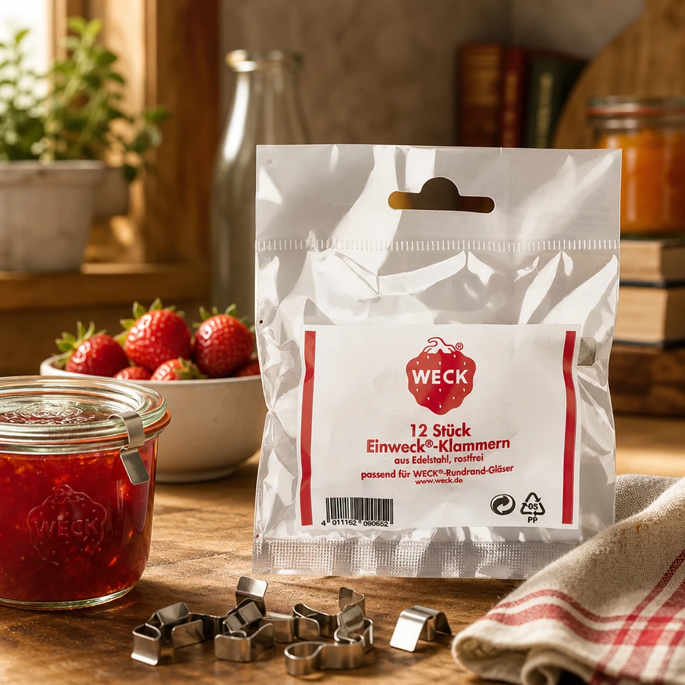 WECK Set di mollette originali 12 pezzi su tavolo di legno con barattolo di conservazione fragole marmellata scena di cucina lifestyle