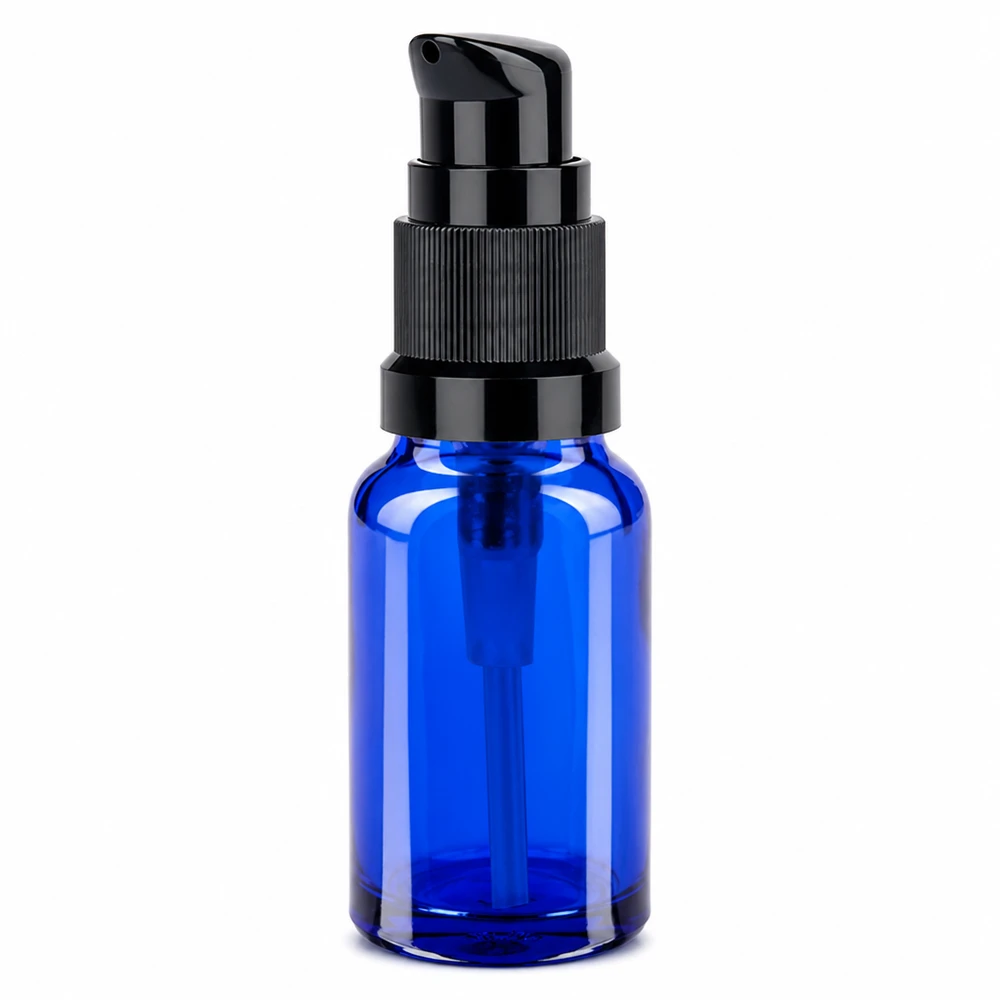 10ml Pumpflasche schwarz Standardverschluss BlueLine UT18/10 Elegante 10ml Pumpflasche blau-schwarz BlueLine UT18/10 mit robustem Glasmaterial