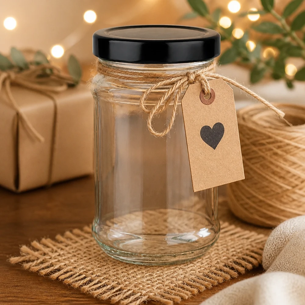 Barattolo rotondo da 390 ml con coperchio nero UNiTWIST come idea regalo con ciondolo a cuore in un'accogliente decorazione natalizia