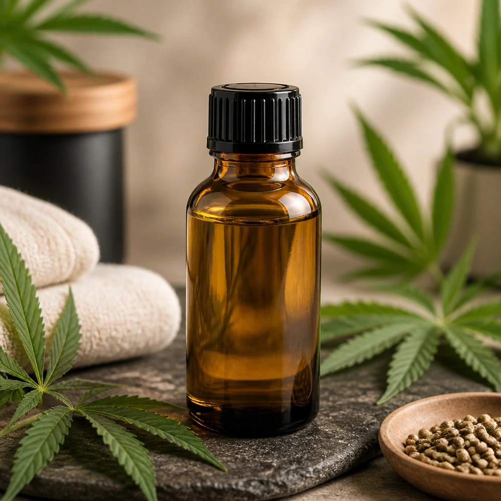Flacon de pharmacie bleu 20ml bouchon compte-gouttes noir 1mm standard Flacon compte-gouttes brun de 20 ml en verre de pharmacie, muni d'un bouchon noir, entre des feuilles de cannabis