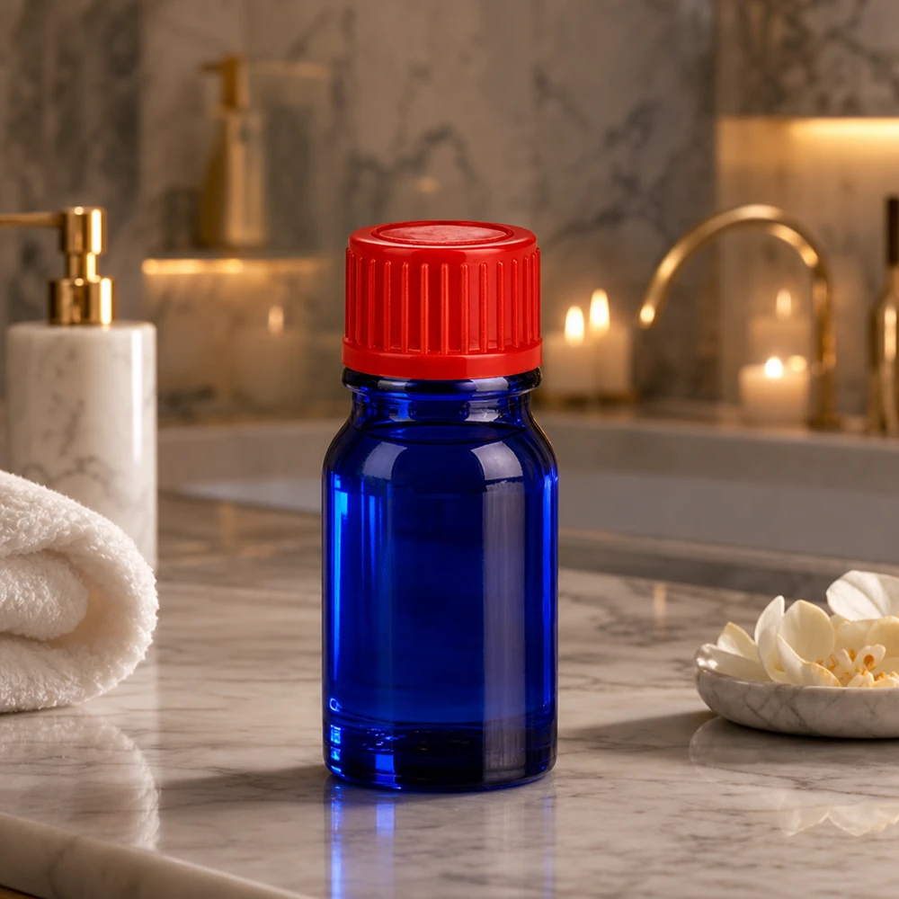 5ml Flasche 11mm Schraubverschluss rot Standard BlueLine UT18/5 Hochqualitative 5ml UT18/5 Flasche aus blauem Glas mit zuverlässigem roten Standardverschluss