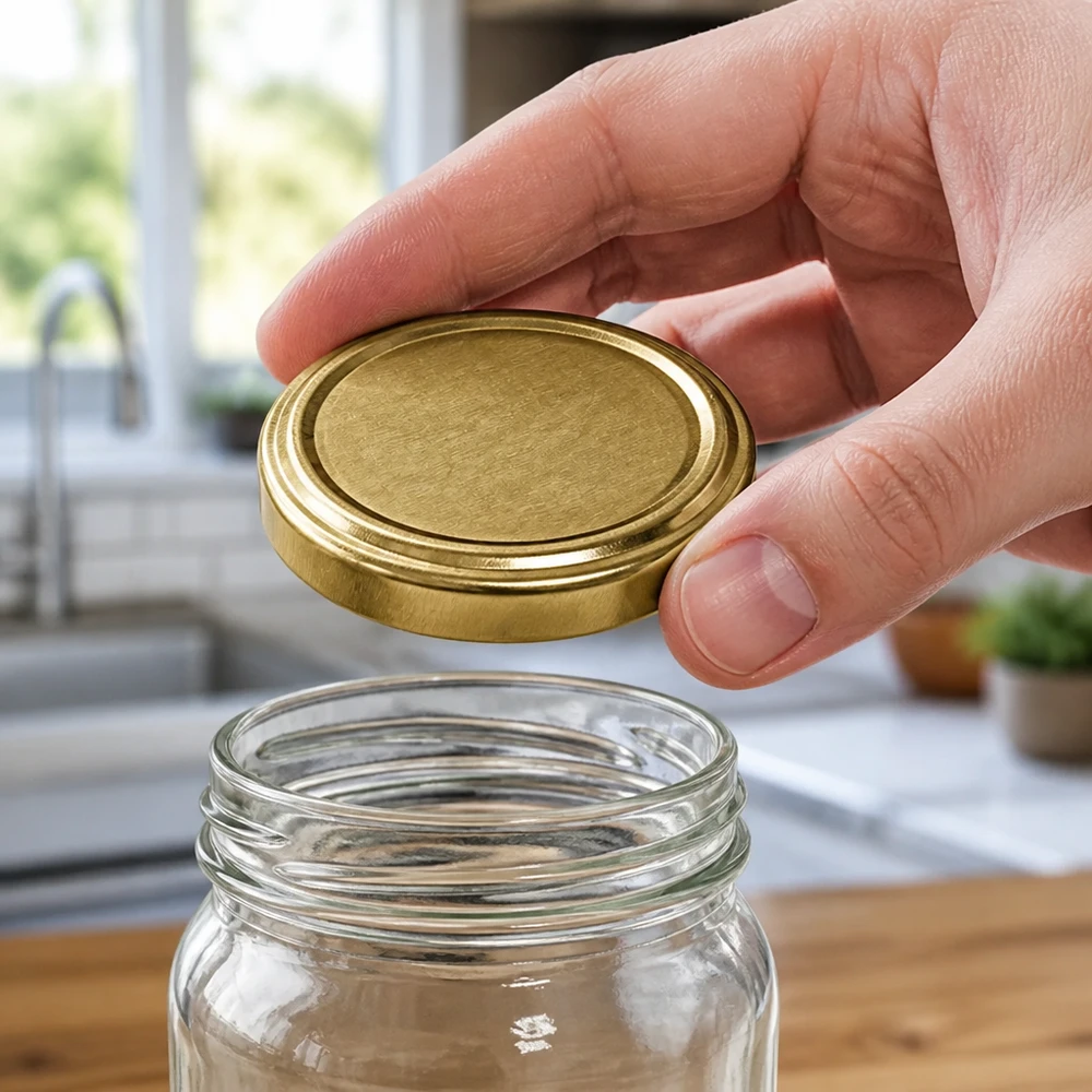 UNiTWIST TO66 gold, BioSeal, BPA-NI, unitemp Leeres Einmachglas wird mit UNiTWIST TO66 gold Verschluss BioSeal BPA-NI verschlossen